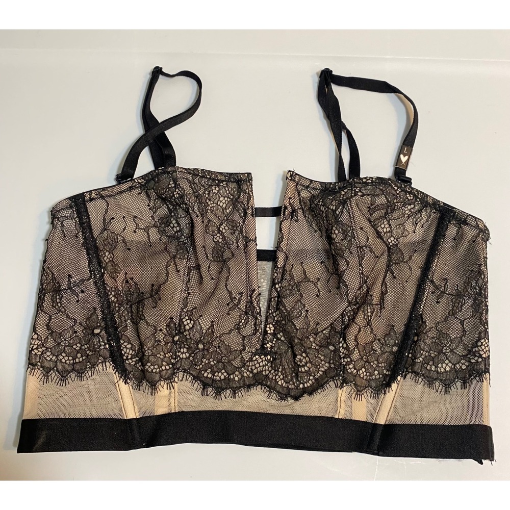Victoria's Secret Black Lace Unlined Strapless Corset Top Nude Mesh Large L NEW